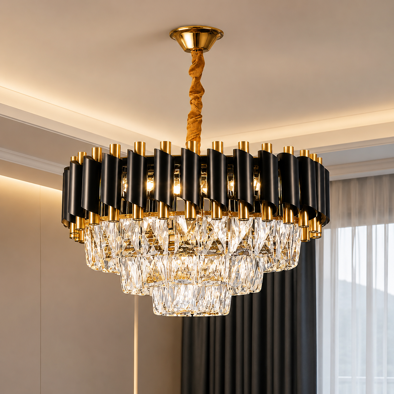 RGB 3-Step Crystal Moving Chandelier with Remote Control | Luxury Black Gold