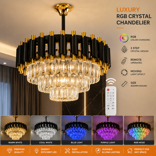 RGB 3-Step Crystal Moving Chandelier with Remote Control | Luxury Black Gold