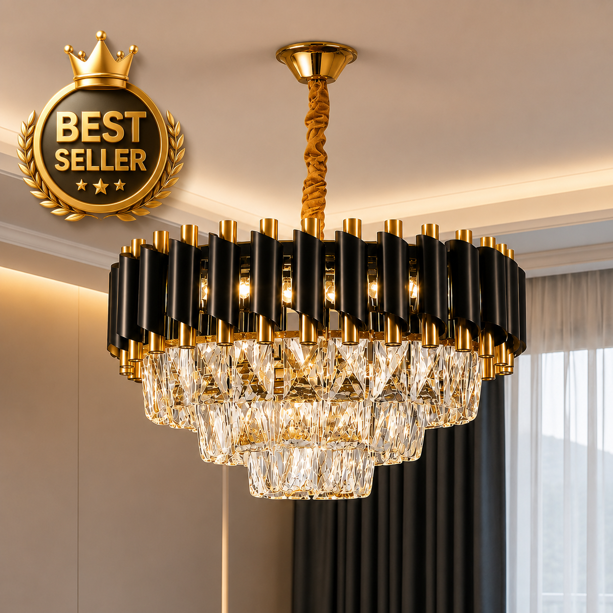 RGB 3-Step Crystal Moving Chandelier with Remote Control | Luxury Black Gold