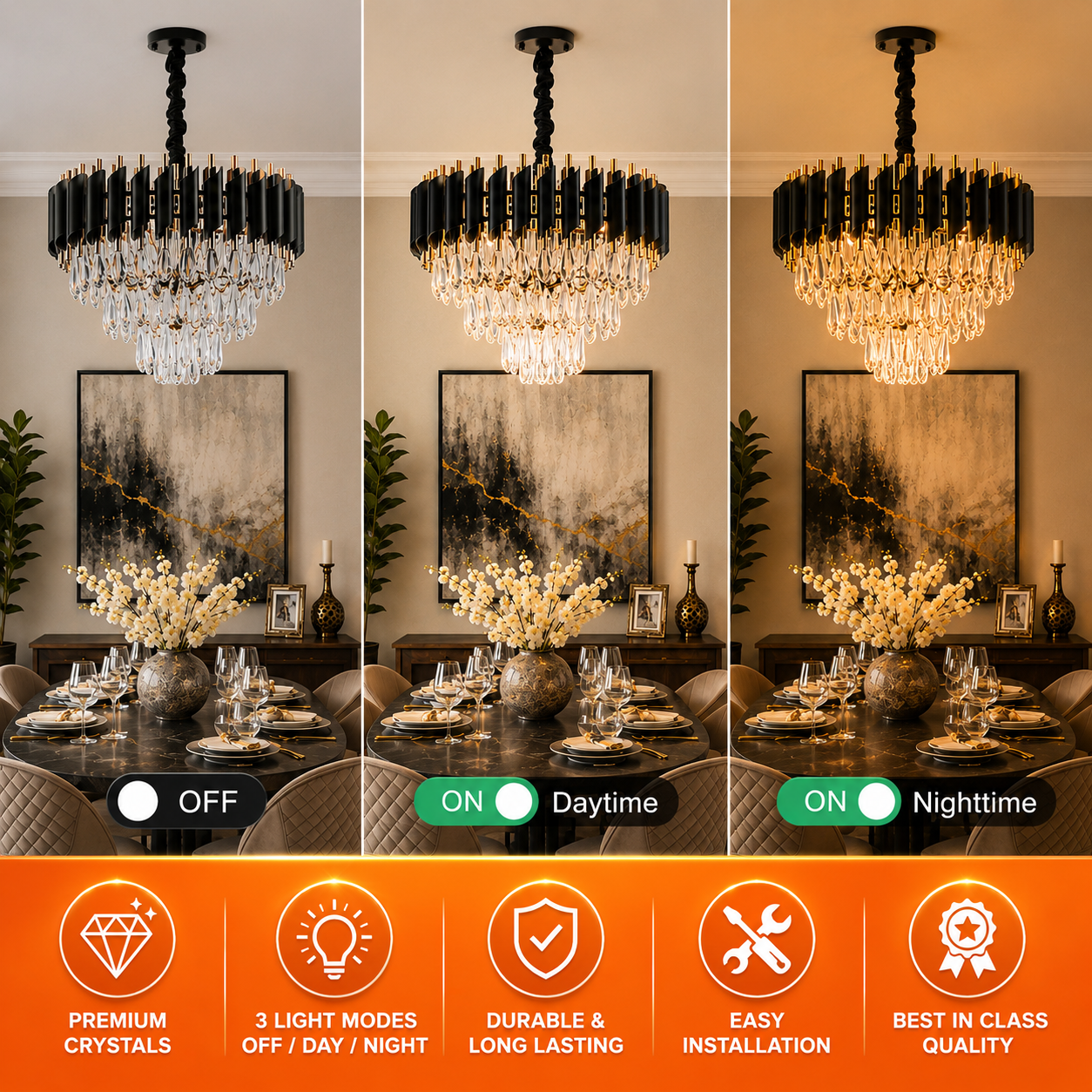 RGB 3-Step Crystal Moving Chandelier with Remote Control | Luxury Black Gold
