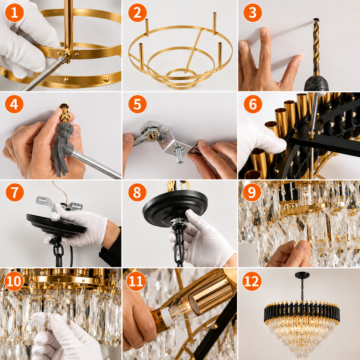 Luxury Black Gold Pipe RGB Crystal Chandelier (400mm)