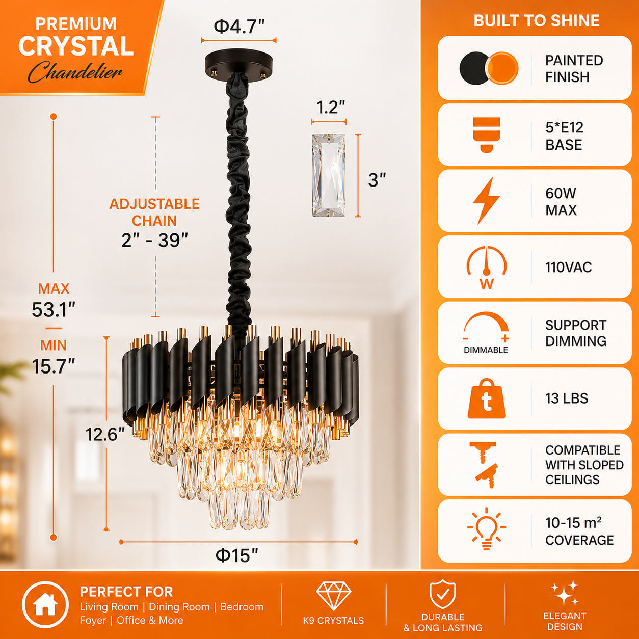 Luxury Black Gold Pipe RGB Crystal Chandelier (400mm)
