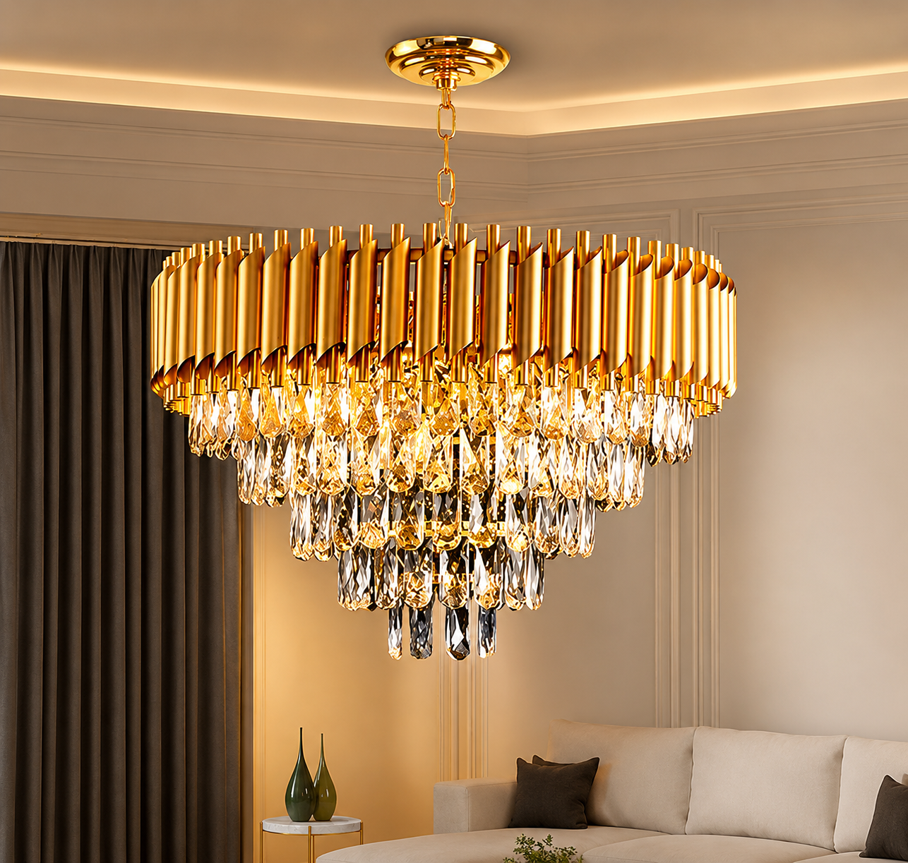 RGB 3-Step Crystal Moving Chandelier with Remote Control | Luxury Black Gold