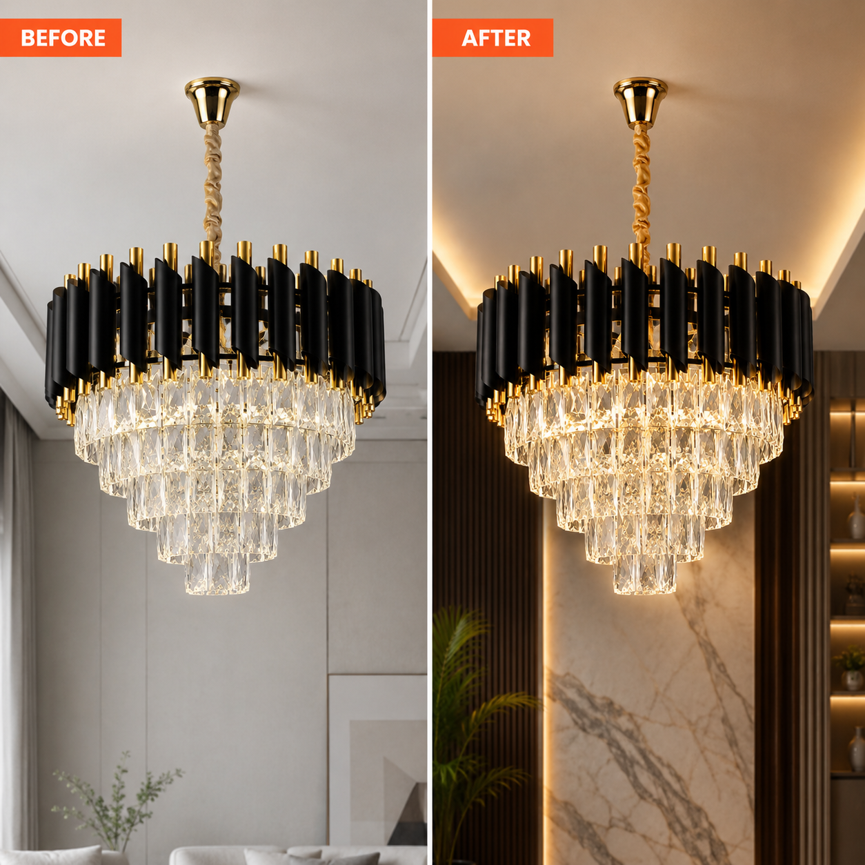 Luxury Black Gold Crystal Pipe Chandelier