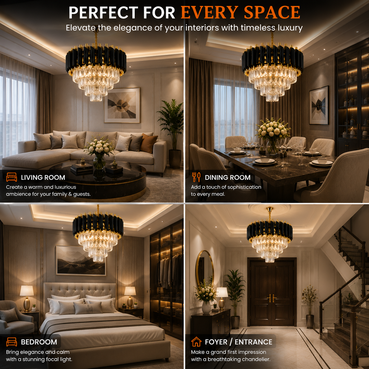Luxury Black Gold Crystal Pipe Chandelier